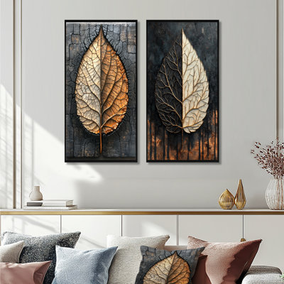 «Modern Modern Leaves Dark Symetry Of Winter I», art mural floral, collection 2 panneaux