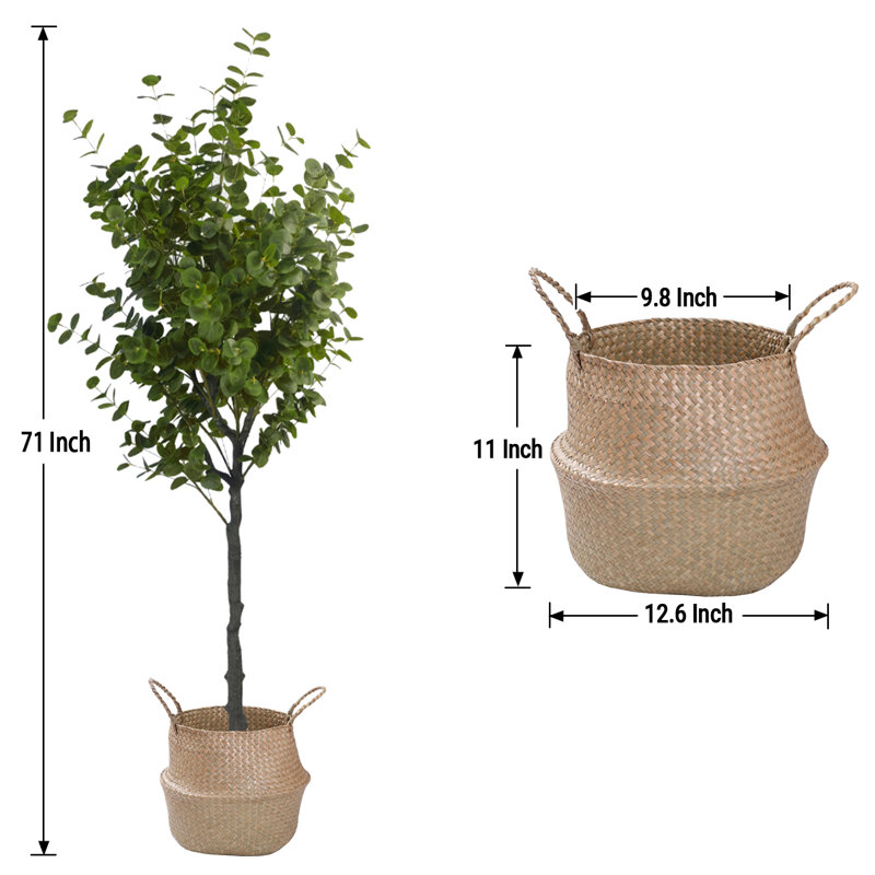 Pot d'eucalyptus artificiel et panier d'herbes marines avec poignées, H 19,69 po x l 70,87 po x P 19,69 po