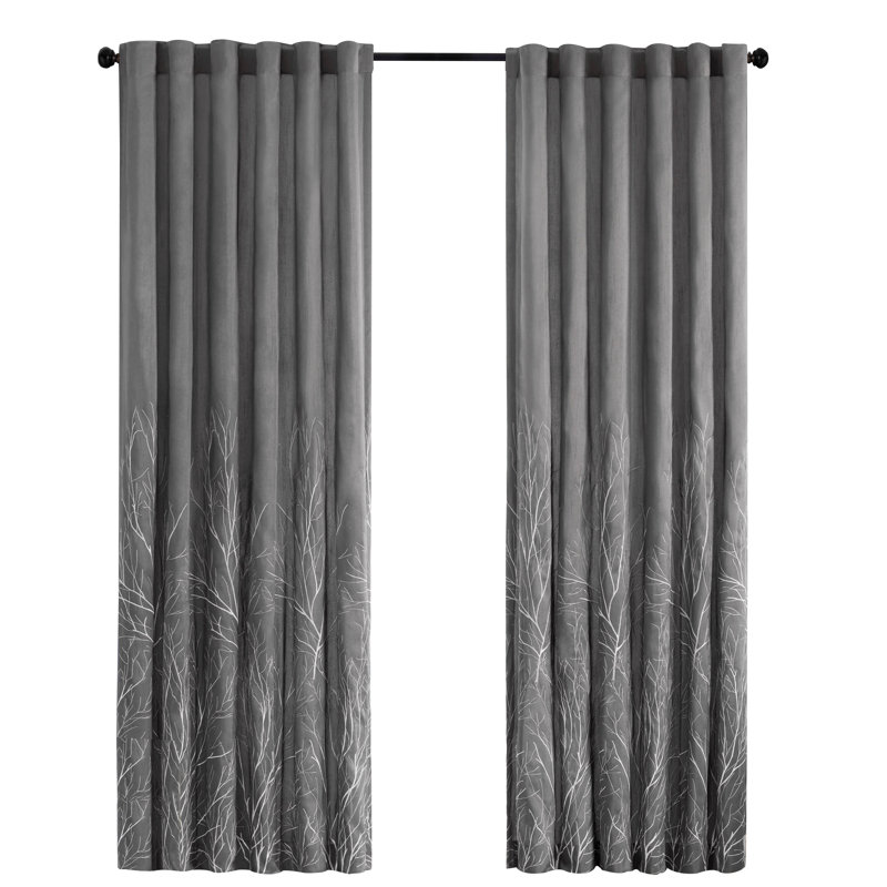 Panneau de rideau simple à motif de branche brodée avec passe-tringle Andora, Bleu marine, l 50 po x L 84 po