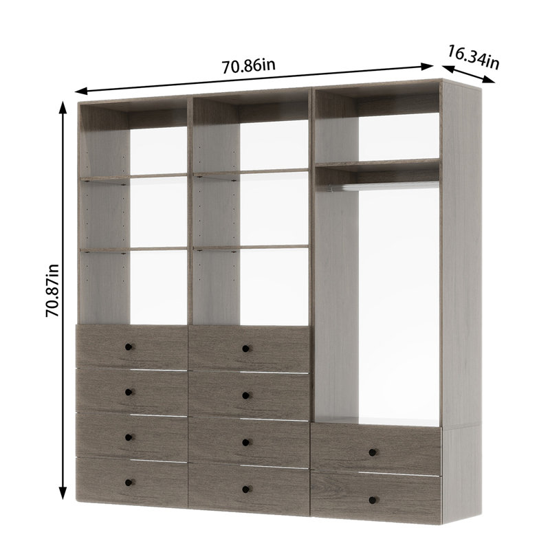 Modular Walk in Closet Organizer System with a rod,7 shelves and 10 drawers, Oak