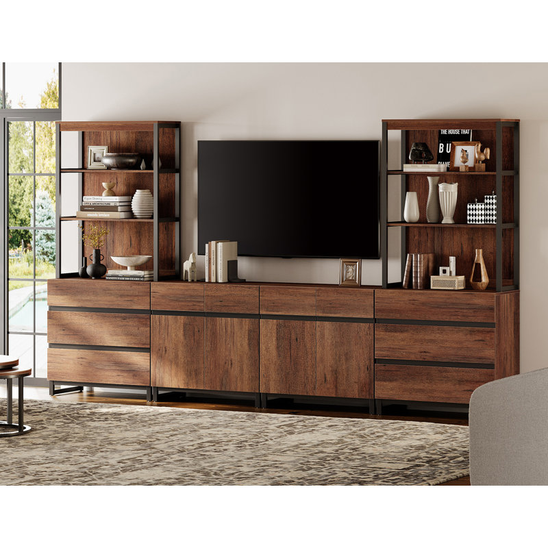 Waite Modern Entertainment Center With 3 Tiers Bookshelf, Farmhouse TV Stand With 2 Storage Cabinets And 6 Drawers, Wood Media Console With Black Metal Leg For Living Room