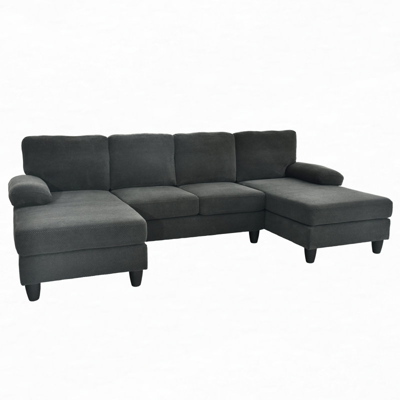 Canapé en U avec méridienne double et accoudoirs rembourrés, Tissu gris foncé