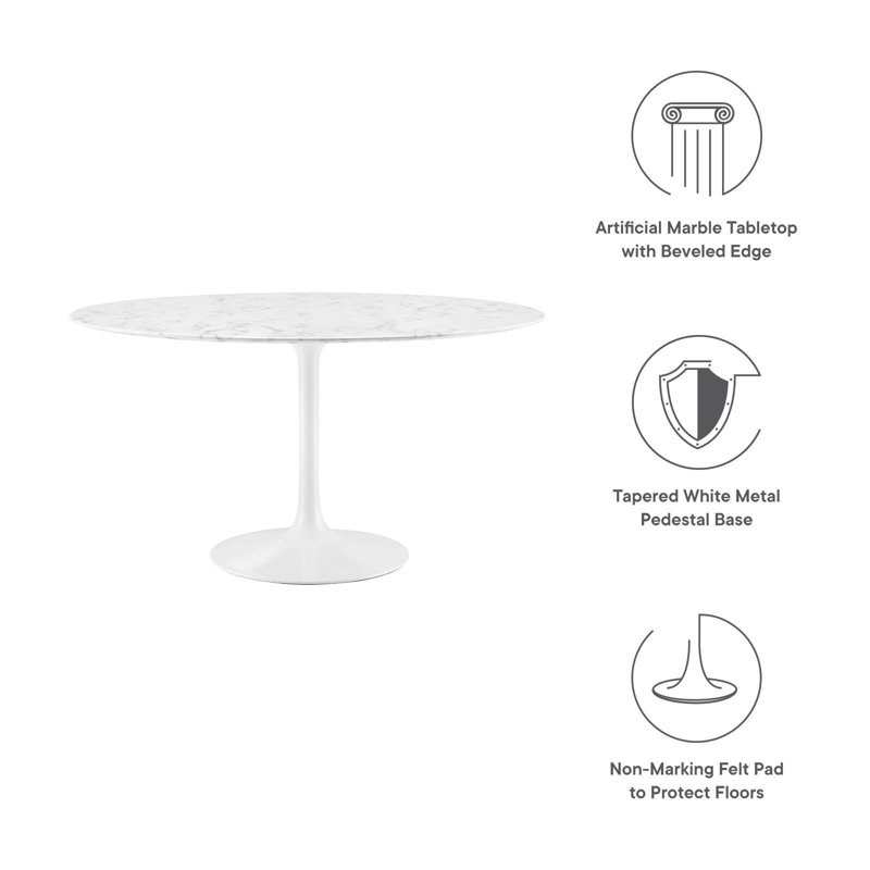 54" White Marble and Wood Round Dining Table