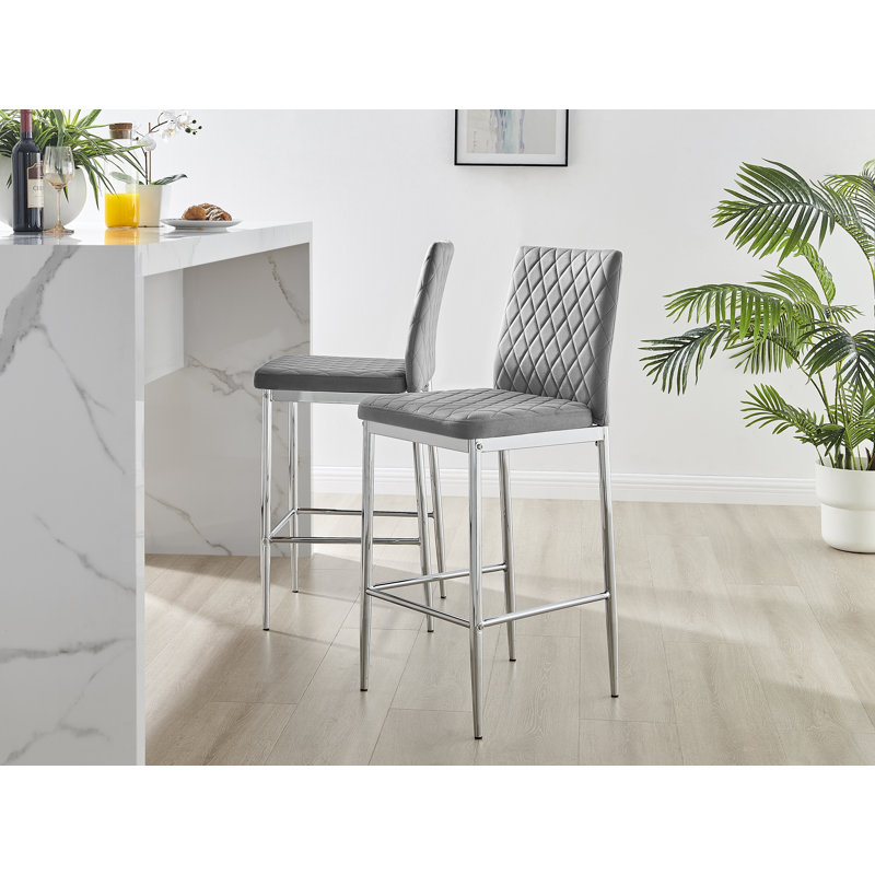 Kenesaw Luxury Breakfast Bar Stool in Quilted Design Velvet Leg - Modern Chic Kitchen, Grey, Silver