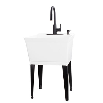 Évier utilitaire blanc standard 19 gallons avec robinet rétractable à grande arche et finition noire