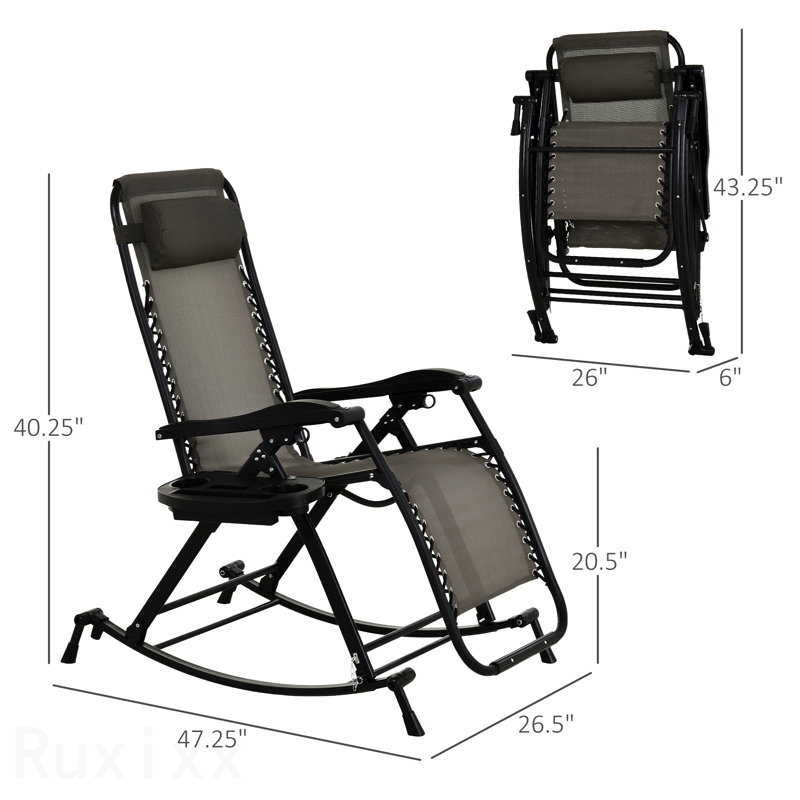 Outdoor Rocking Chairs, Foldable Reclining Anti Gravity Lounge Rocker W/ Pillow, Cup & Phone Holder