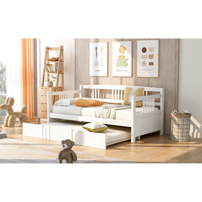 White Twin Daybed With Pull-Out Trundle, Wood Structure For Home Decoration Frame Made Of Solid Versatile Use In Rooms