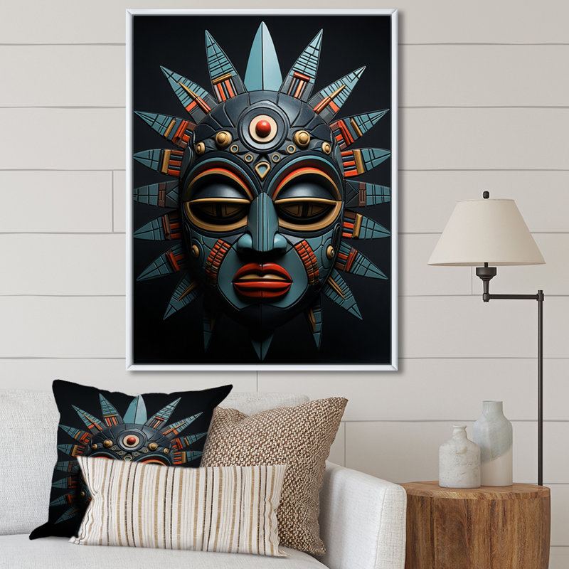Buok, masque tribal africain Chokwe, H 44 po x l 34 po x P 1,5 po, Cadre flottant blanc