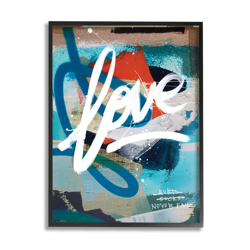 Motif graffiti textuel bleu urbain moderne, H 14 po x l 11 po, Giclée encadrée noir minuit