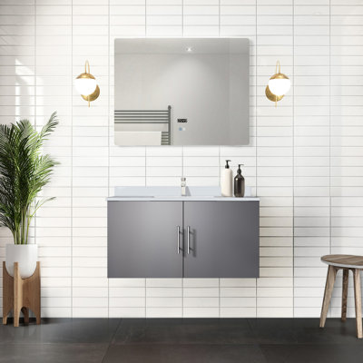 36 po L x P 22 po. Meuble-lavabo gris foncé avec comptoir en marbre, robinet, miroir à DEL, robinet de baignoire durable à rayures et taches inclus, surface