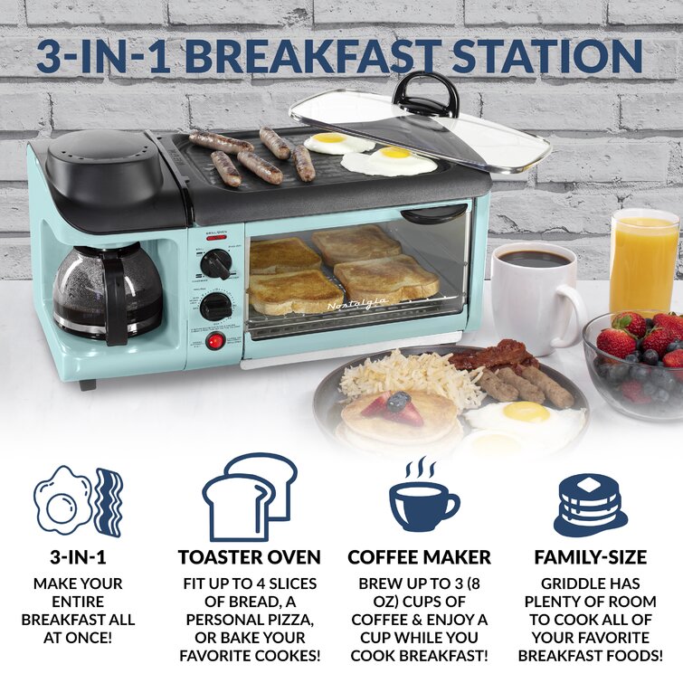 Nostalgia Retro 3-in-1 Family Size Electric Breakfast Station, Coffeemaker, Griddle, Toaster Oven, Aqua Color: Yellow NBST3YW6A