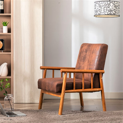 Fauteuil de style Mid-Century moderne de 25 po de largeur, fauteuil d'appoint à cadre en bois massif brun foncé avec siège rembourré épais et revêtement en microfibre, accoudoirs confortables pour la lecture dans le salon