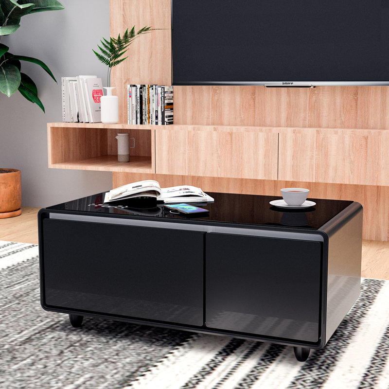 Modern Smart Coffee Table With Built-In Fridge, Bluetooth Speaker, Wireless Charging, Touch Control Panel, USB Interface, Outlet Protection, Atmosphere Light