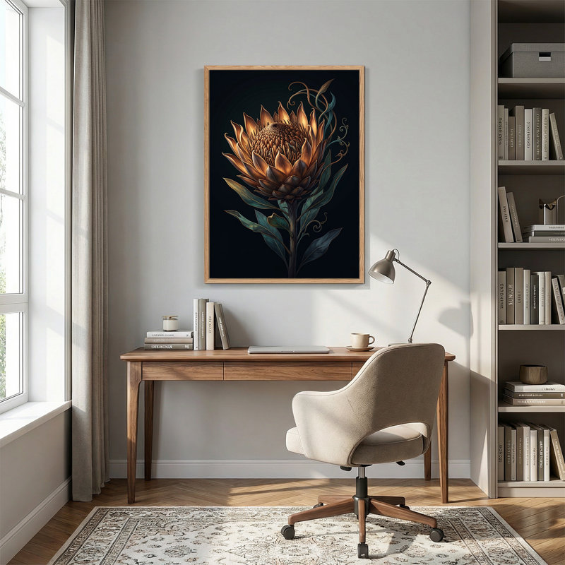 «Golden King Protea Flower» avec des feuilles bleu sarcelle sur toile foncée, H 48 po x l 36 po