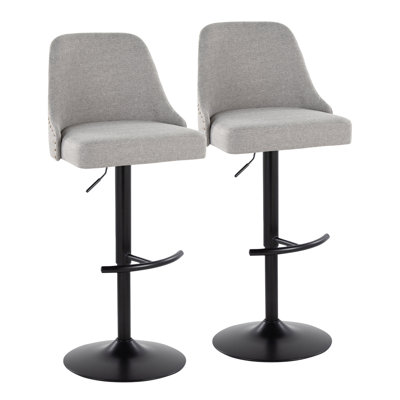 Tabouret de bar réglable de style transitionnel, 49,5 cm (L) x 48,3 cm (l) x 96,5-118 cm (H), tissu et métal noir, lot de 2, gris pâle, hauteur réglable avec pivot à 360° et garniture cloutée en laiton