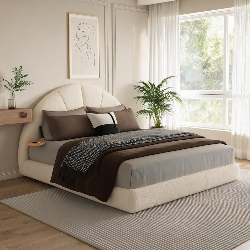 Lit plateforme tapissier grand pour chambre à coucher avec repose-pieds beige
