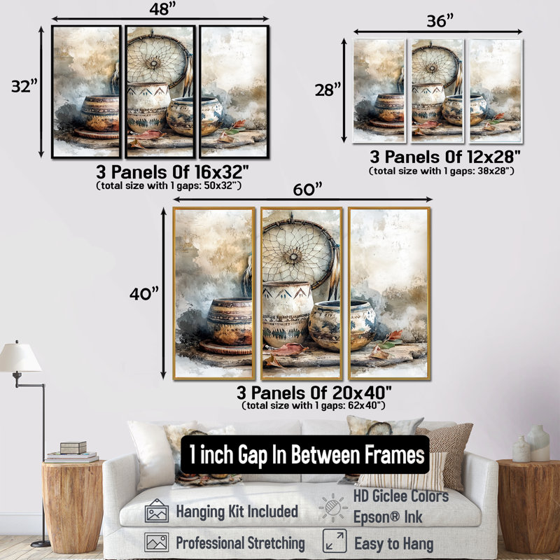«Native Art Pottery Desert Serenity II - Boho Pottery», ensemble de 3 reproductions d'art mural, H 40 po x l 60 po x P 1 po