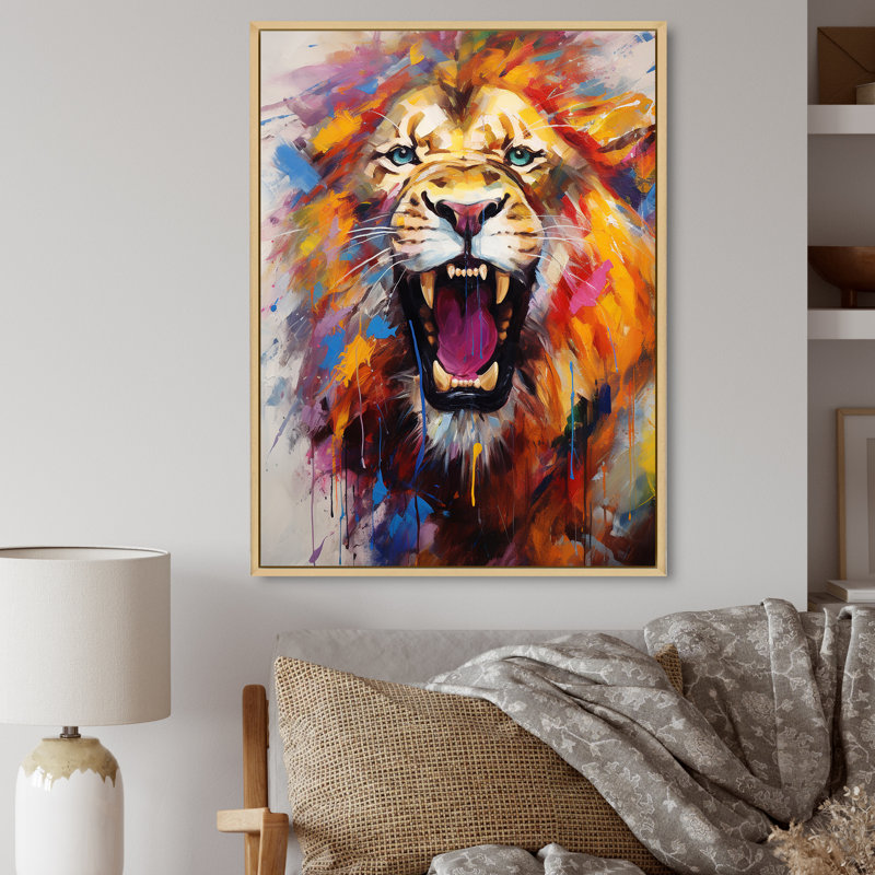 Abstrait lion rugissant - Lion, art mural, H 44 po x l 34 po x P 1,5 po, Cadre flottant en érable