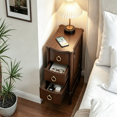 Ensemble de 2 tables de chevet courbées de style Mid-Century moderne, 3 tables de chevet à tiroirs avec pieds en bois massif et poignées anneaux dorées, ensemble de tables de chevet de rangement pour chambre à coucher rétro
