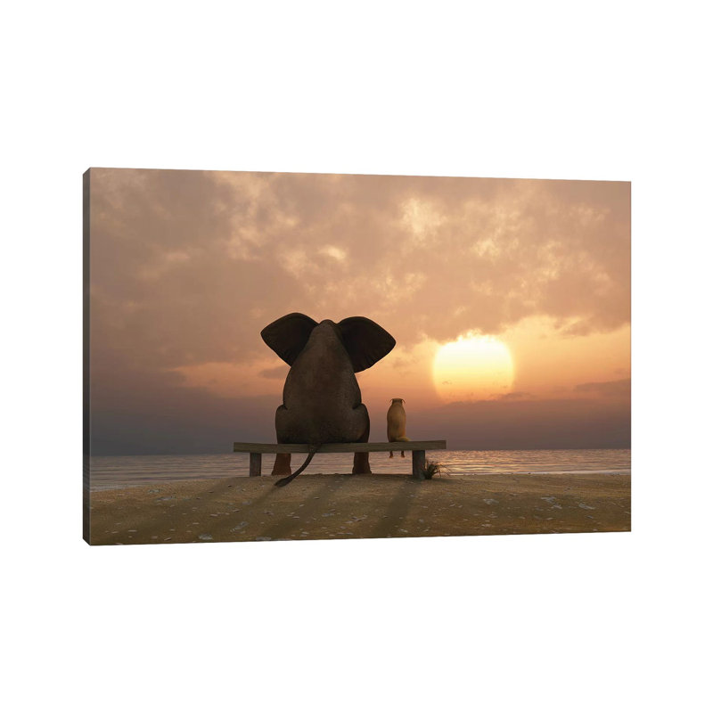 Elephant And Dog Sit On A Summer Beach At Sunset by Mike Kiev - Wrapped Canvas Print, 20.32 cm H x 30.48 cm W, Wrapped Canvas