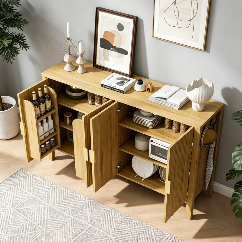 Buffet 57,5 po à rayures modernes avec porte arrière et crochets latéraux, tablettes réglables, Naturel