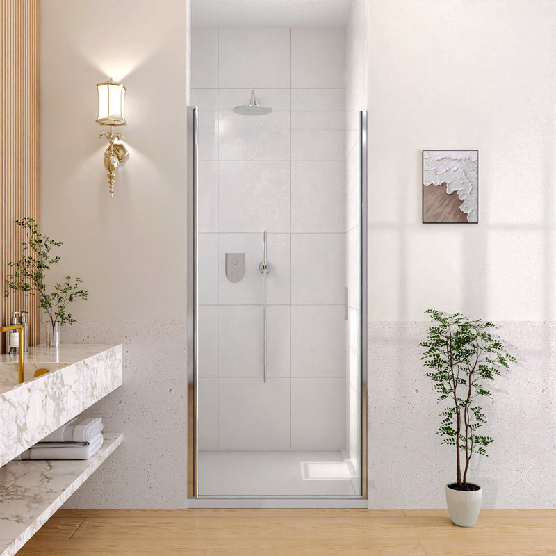 Porte de douche pivotante semi-cadrée l 32 po x H 72 po avec verre trempé de 1 po d'épaisseur (6 mm), Chrome