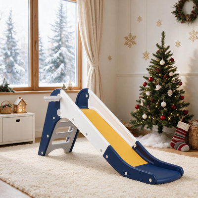 Toddler Slide, Baby Indoor Foldable Slide with Basketball Hoop & Ball, 63" Extra Long Slope, Non-Slip Steps, Sturdy Plastic Outdoor Climber Playset for Boys and Girls