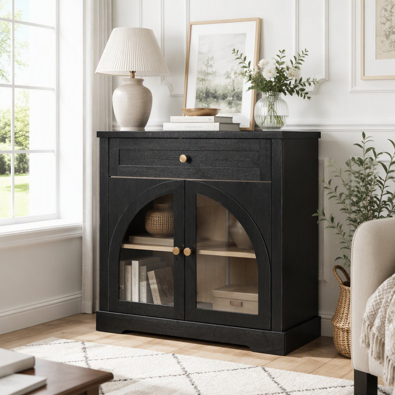 Buffet moderne avec portes vitrées cintrées et tablettes ajustables, Noir