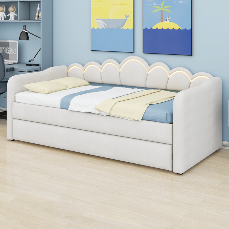Modern Upholstery Daybed Frame with Trundle & LED Lights, White