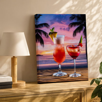 Toile, une scène tropicale vibrante avec deux cocktails sur une table en bois sur fond de coucher de soleil