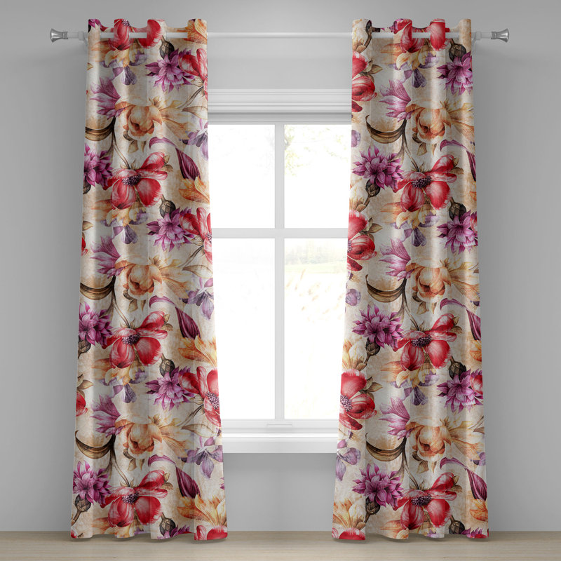 Dakota Fields Floral Grommet Curtain Retro Flowers Wild Botany 50" x 54" Peach Fuchsia and Dark Coral, 50" W x 54" L