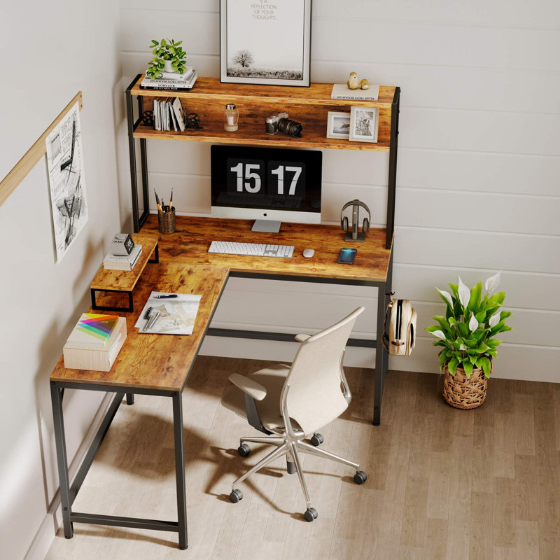 Mcelyea L-Shaped Metal Base Computer Desk, Rustic Brown
