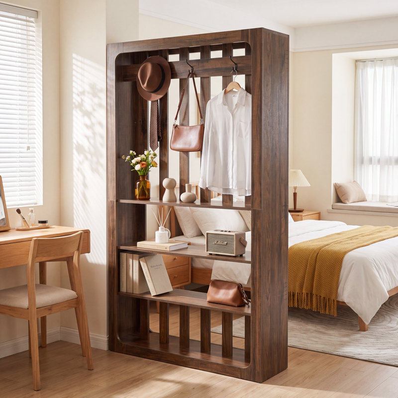 Bibliothèque en bois 70,9 "avec tablettes et crochets à manteau, cloison autoportante pour la maison et le bureau