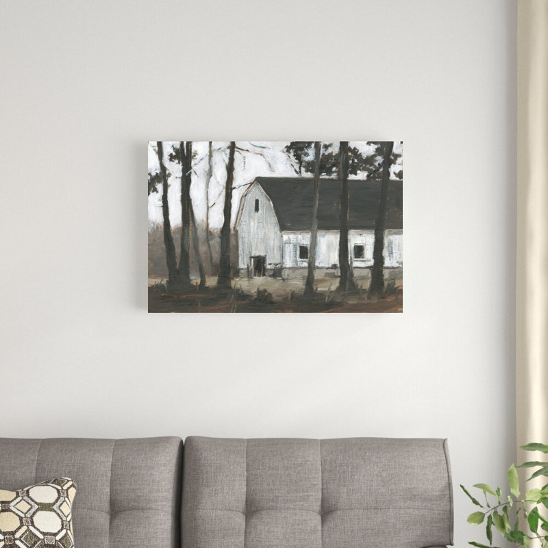 «Autumn Barns II» par Ethan Harper - peinture sur toile tendue, H 20 po x l 30 po