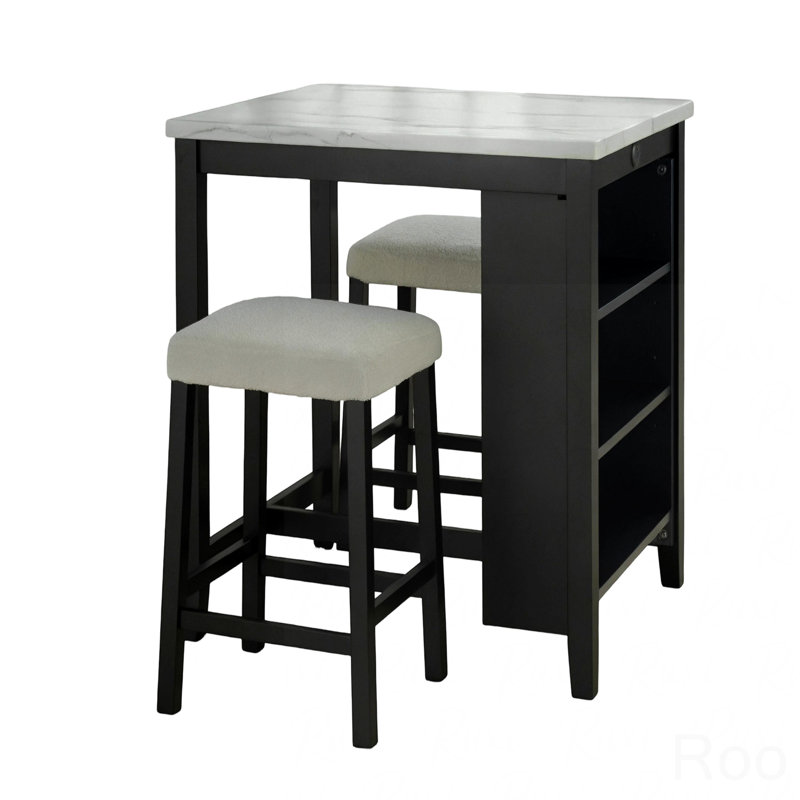 Ensemble de salle à manger 3 pièces avec plateau de table brillant et tablettes de rangement