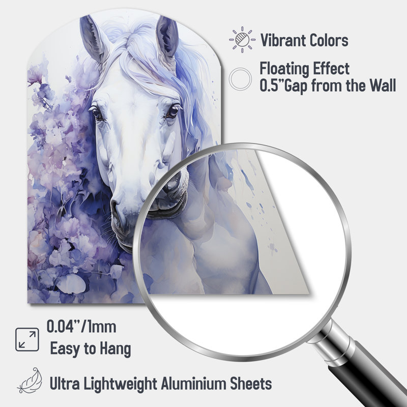 «Mauve et blanc cheval Contours pointillisme», art mural en métal cheval arqué, H 34 po x l 25 po x P 1 po
