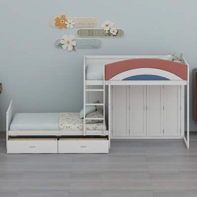 Space-Saving Bunk Bed with Integrated Wardrobe and Storage Drawers