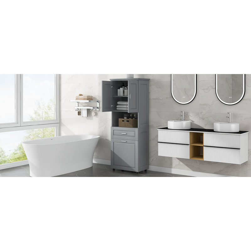 Tall Bathroom Cabinet with Laundry Basket, Grey