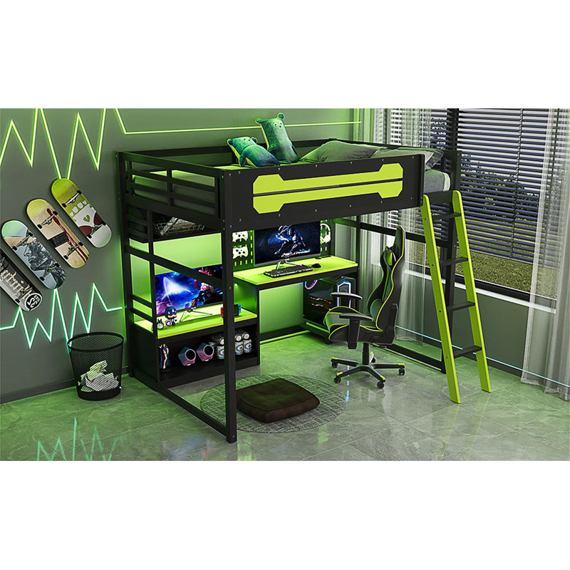 Lit mezzanine en bois avec bureau, Noir/vert