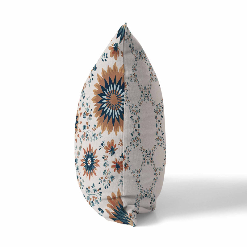Coussin décoratif réversible Delightful Dandelions, H 16 po x l 16 po, Bleu / brun floral / géométrique