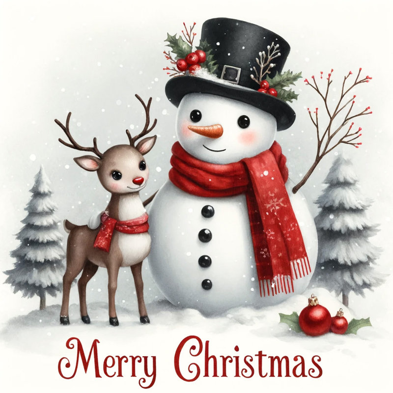 «Festive Friends: Snowman and Reindeer Holiday Greetings», art sur toile, H 40 po x l 40 po x P 1,5 po