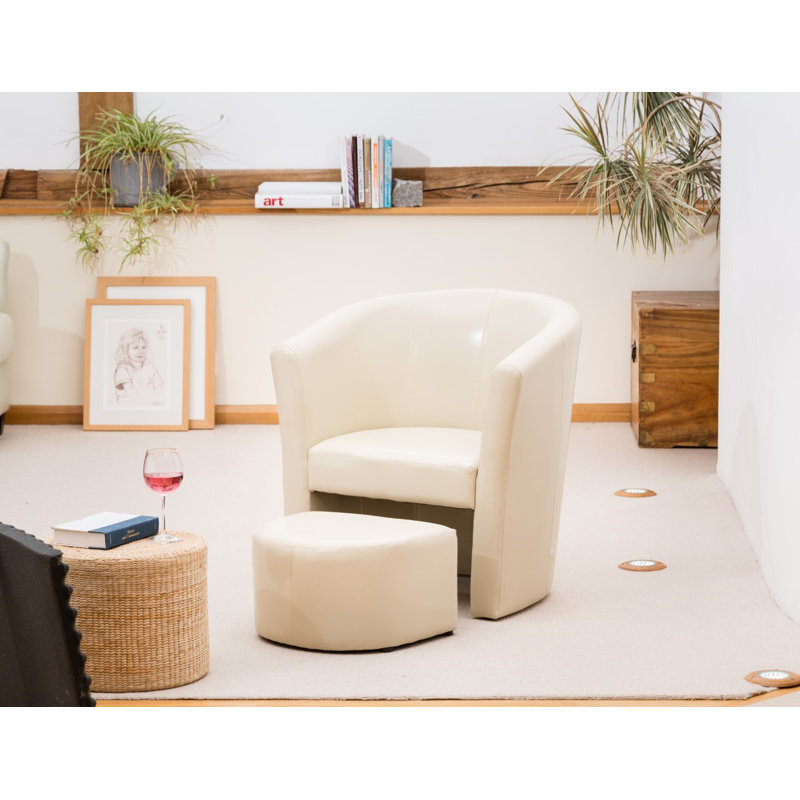 Hicks Faux Leather Barrel Chair with Footstool, Cream