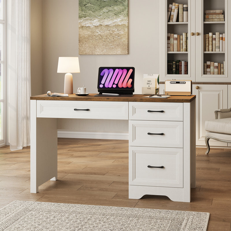 Bureau de direction avec rangement et grand tiroir pour dossiers, Brun / Blanc