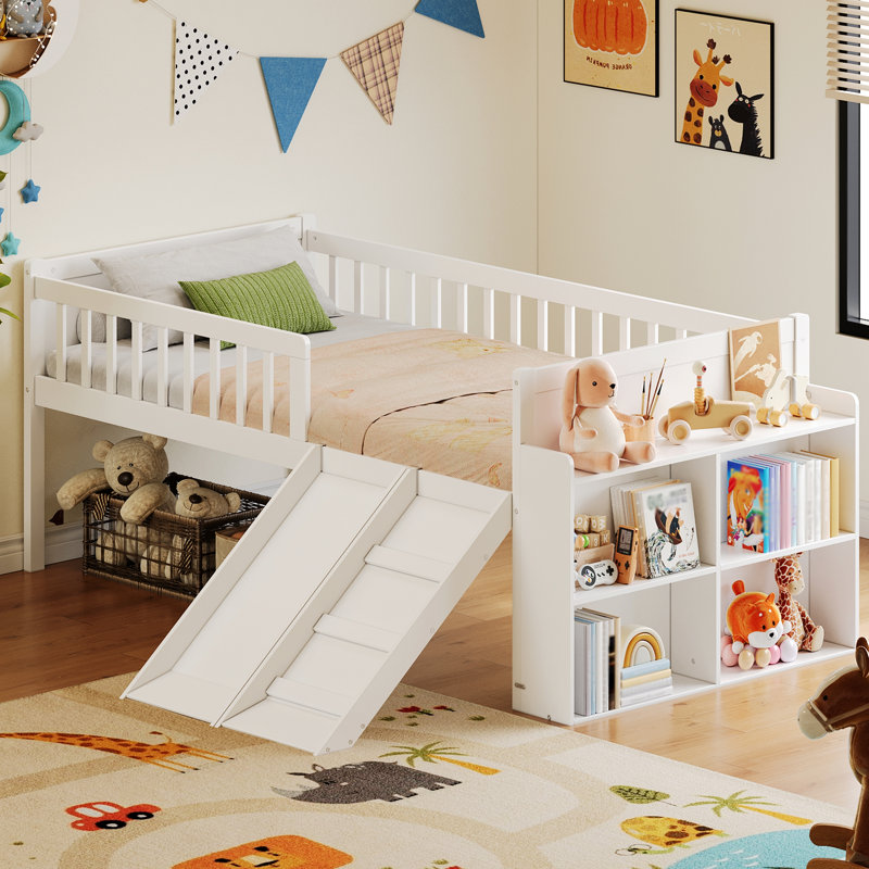 Bed Frame With Storage Shelf, Wooden Bed With Slide And Ladder, Guardrail, White