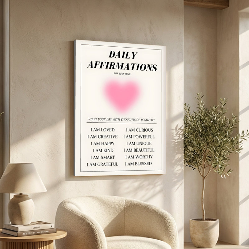 "Daily affirmations: Heart and positive citations", art numérique minimaliste. Peinture moderne, galerie profonde de 1 po, 24 po x 36 po