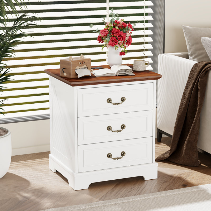 Nightstand With Charging Stand And 3 Drawers & Antique Handles, Brown/White