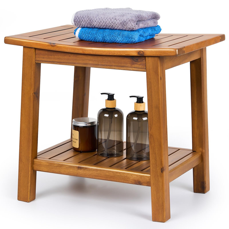 Banc de douche en teck, tabouret de douche en bois massif de 20 po avec tablette de rangement pour salle de bain, intérieur et extérieur