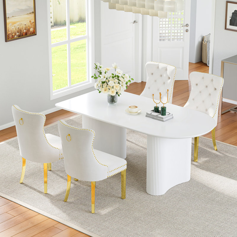 63" Oval Dining Table Set Of 5, Modern Minimalist Cream White Double Base Dining Table, 4 White Velvet Dining Chairs With Gold Stainless Steel Legs, Nailhead Trim