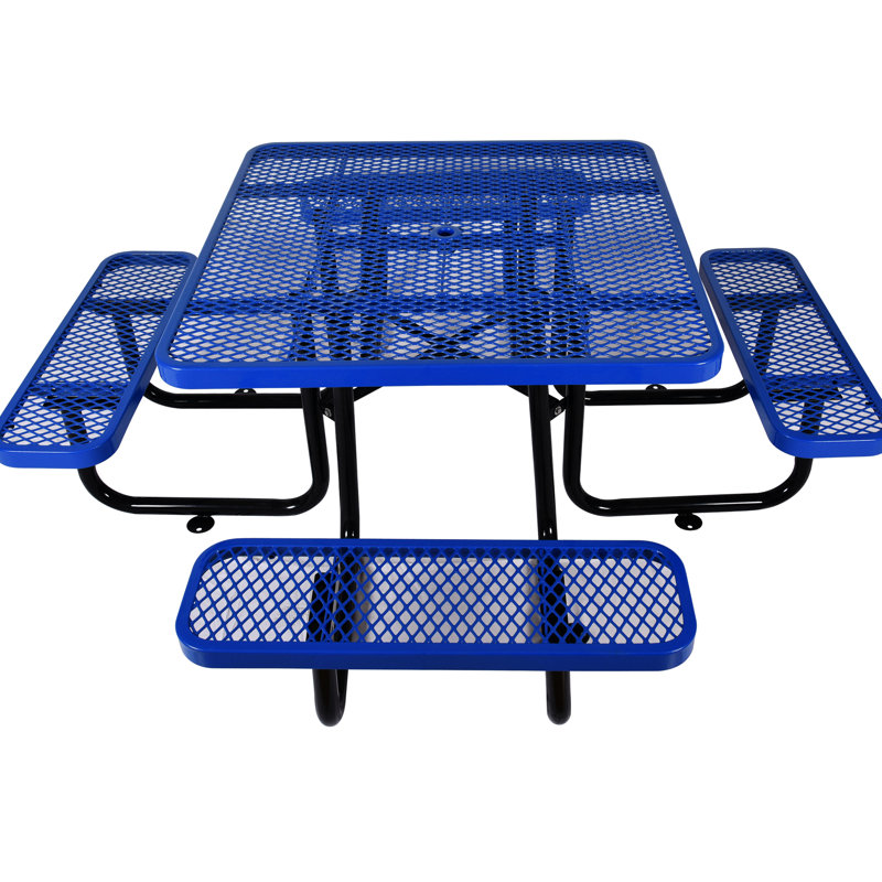 Annalyssa Blue 46" Square Outdoor Picnic Table Made Of Steel - Strong And , Umbrella Pole Included For Gatherings, Blue/Black