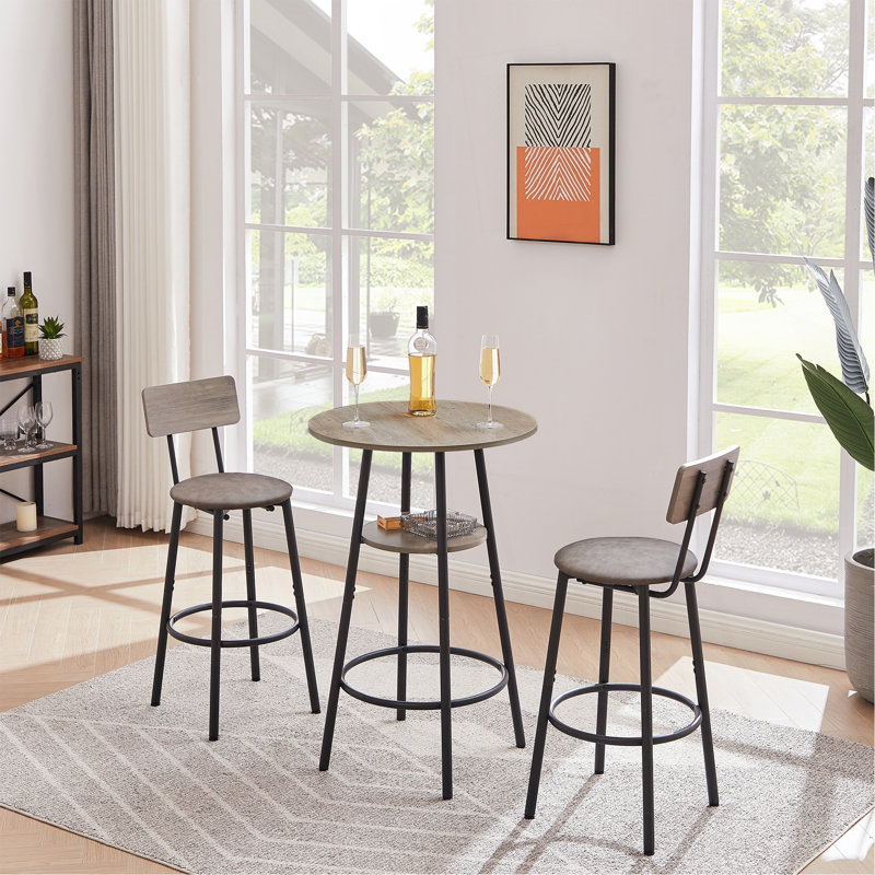 Round Bar Stool Set With Shelf, Upholstered Stool With Backrest Grey, 23.62'' W X 23.62'' D X 35.43'' H., Grey